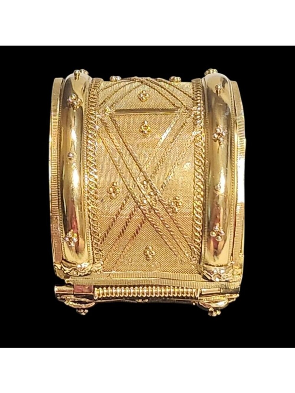 Vintage Gold Tone Hinged Clamper Bracelet Intricate Detailing Textured & Polishe